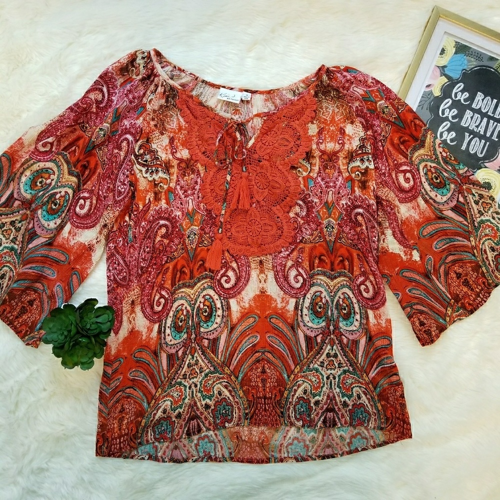 Paisley boho peasant Fall Autumn top Small